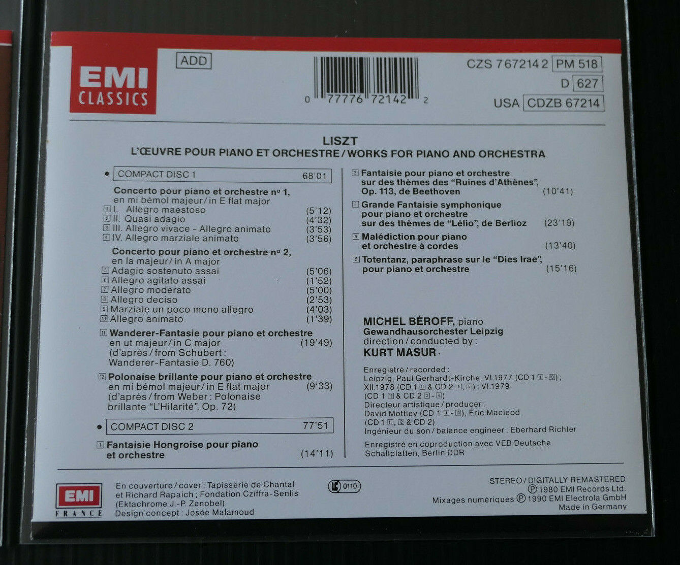 2CD LISZT L'OEUVRE POUR PIANO ET ORCHESTRE / MICHEL BEROFF / KURT MASUR / 1990