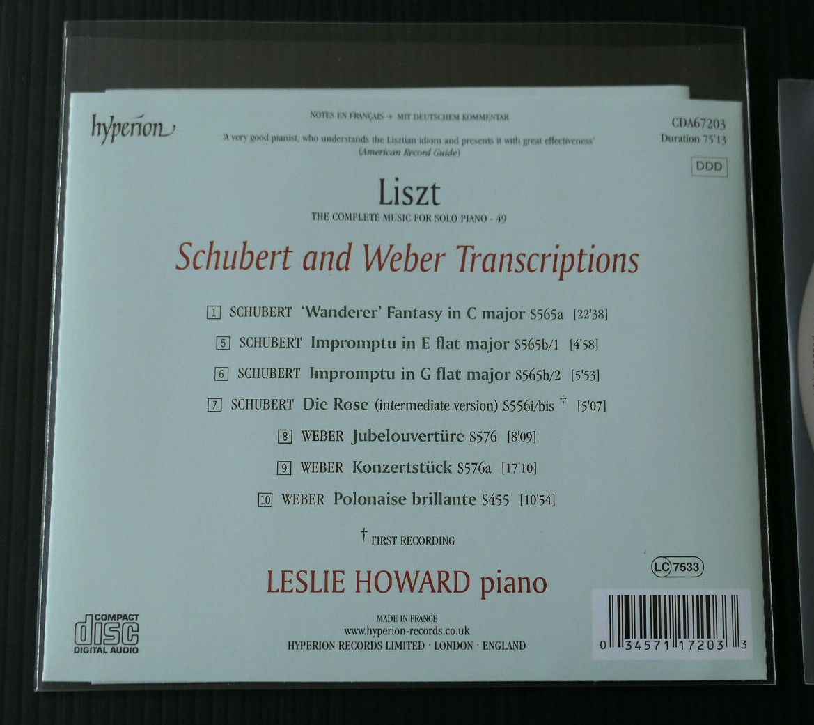 CD LISZT / WEBER AND SCHUBERT TRANSCRIPTIONS / LESLIE HOWARD / HYPERION 1998