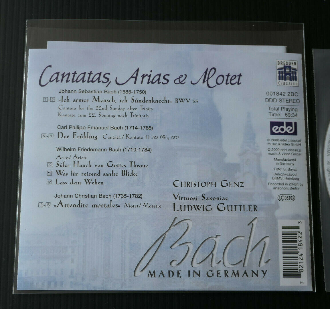 CD BACH CANTATAS & MOTET ARIAS / CHRISTOPH GENZ LUDWIG GUTTLER / DRESDEN 2000