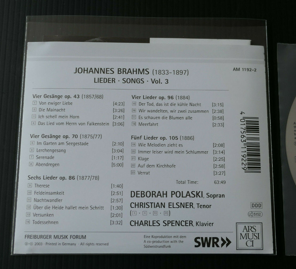 CD BRAHMS LIEDER VOL 3 / DEBORAH POLASKI CHRISTIAN ELSNER CHARLES SPENCER / 2003