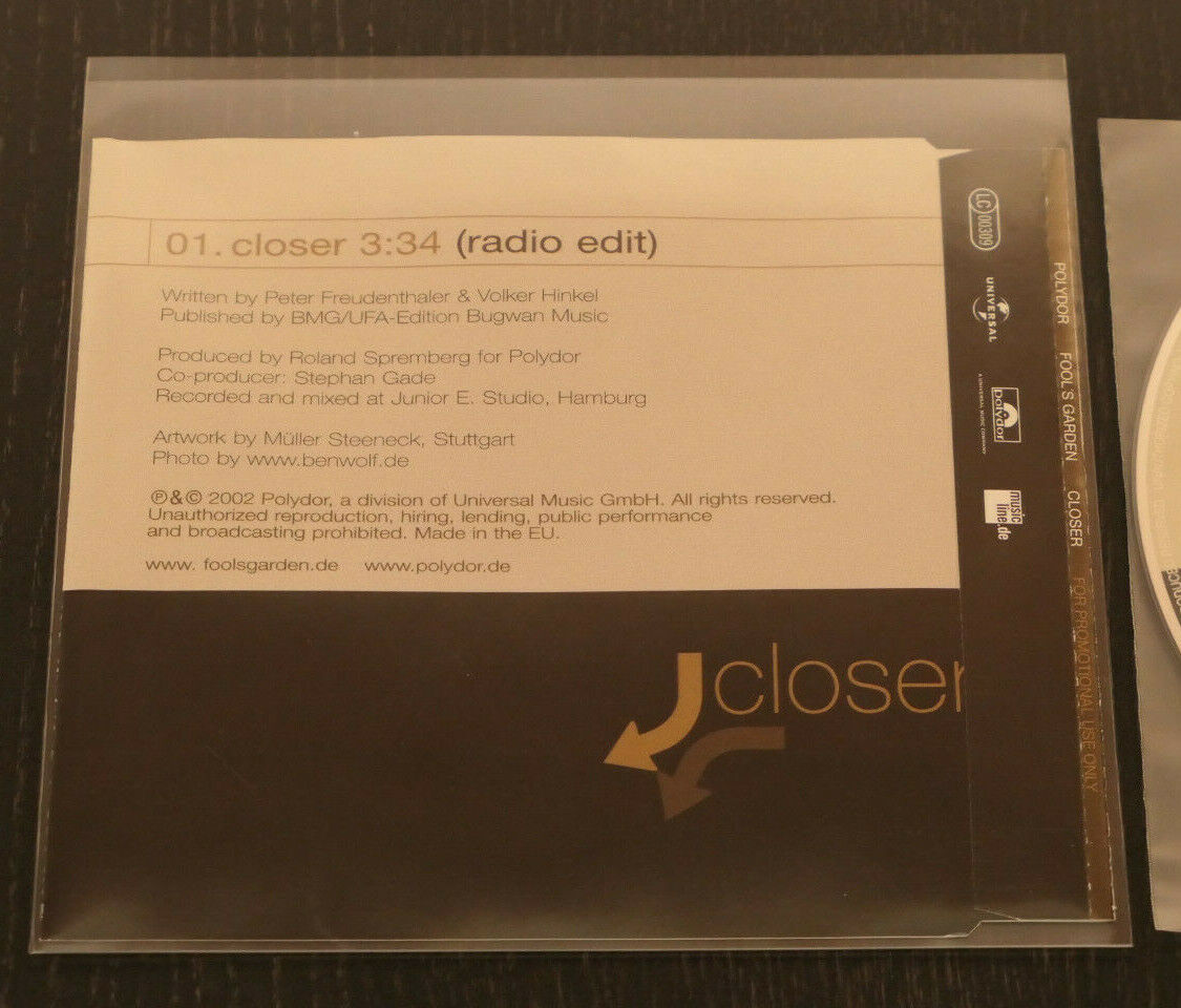 CD SINGLE PROMO FOOL'S GARDEN / CLOSER / 2002