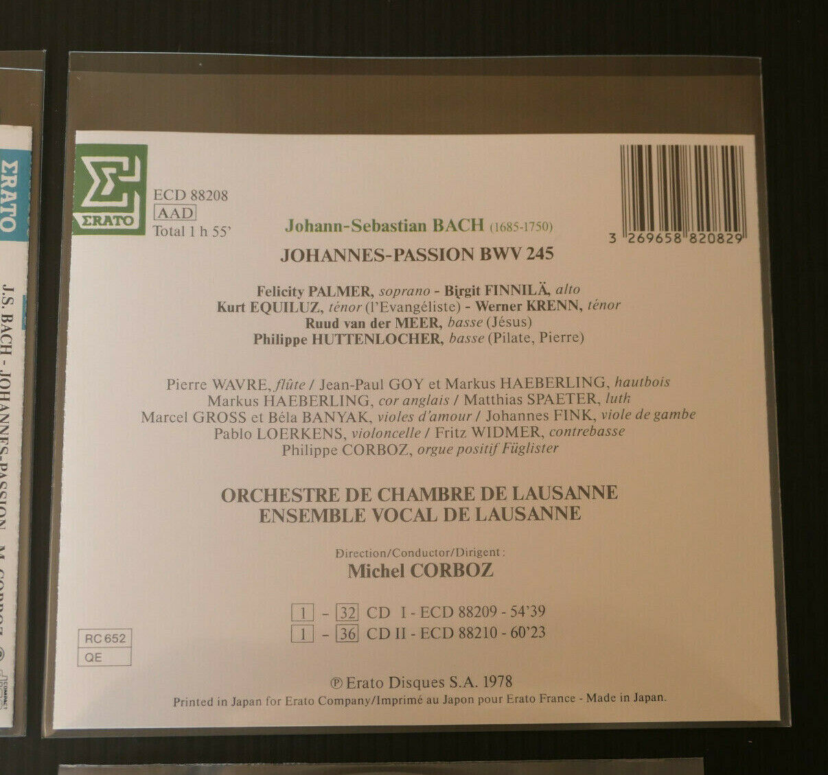 2CD BACH JOHANNES-PASSION / MICHEL CORBOZ / JAPAN ERATO ECD 88208