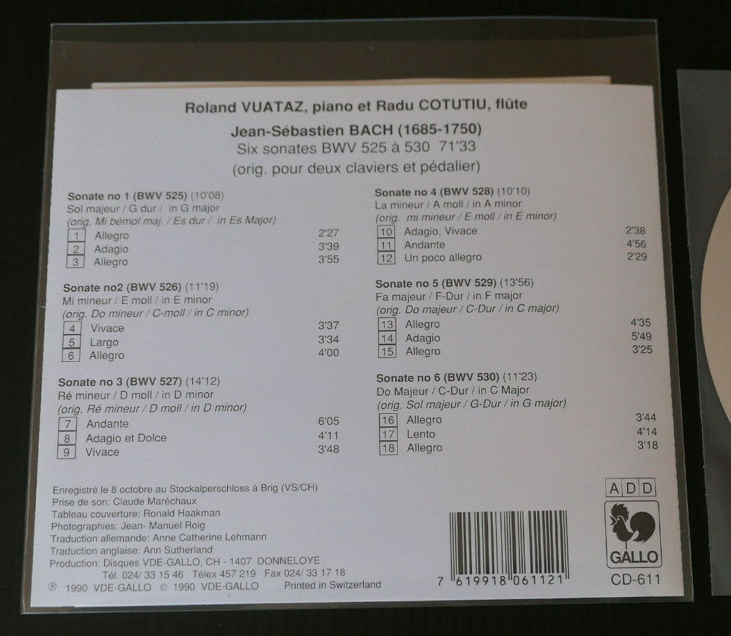 CD BACH 6 SONATES POUR FLUTE ET PIANO RADU COTUTIU ROLAND VUATAZ / GALLO 1990