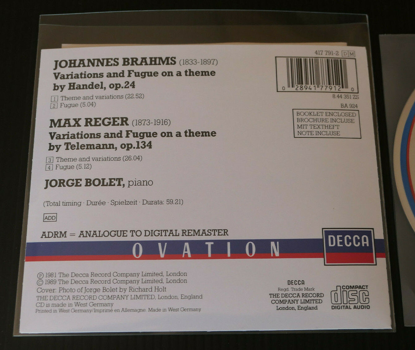 CD JORGE BOLET / BRAHMS & REGER VARIATIONS / DECCA 1989
