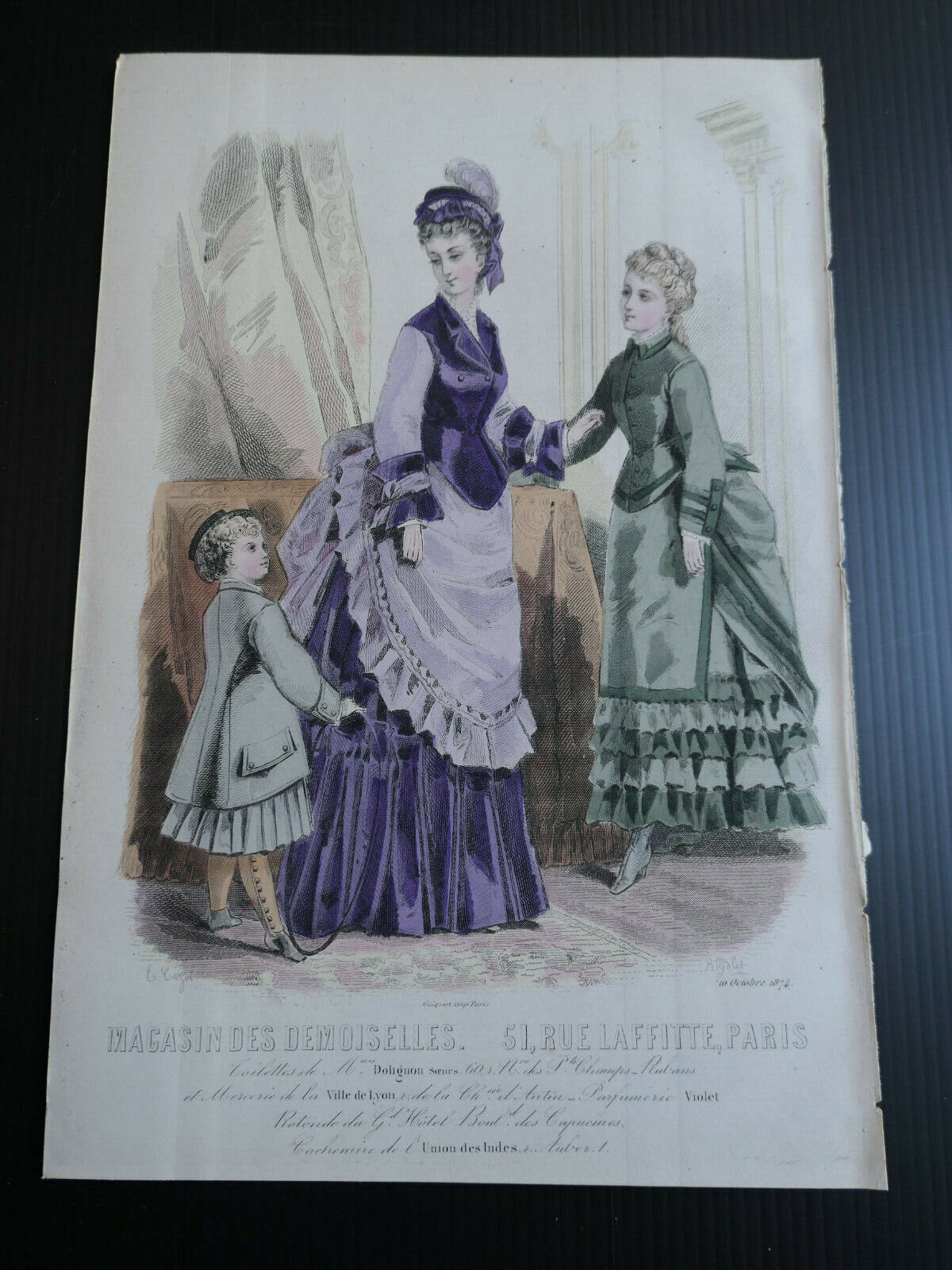 MAGASIN DES DEMOISELLES FRENCH MODE 1874 ENGRAVING HAND COLOURED