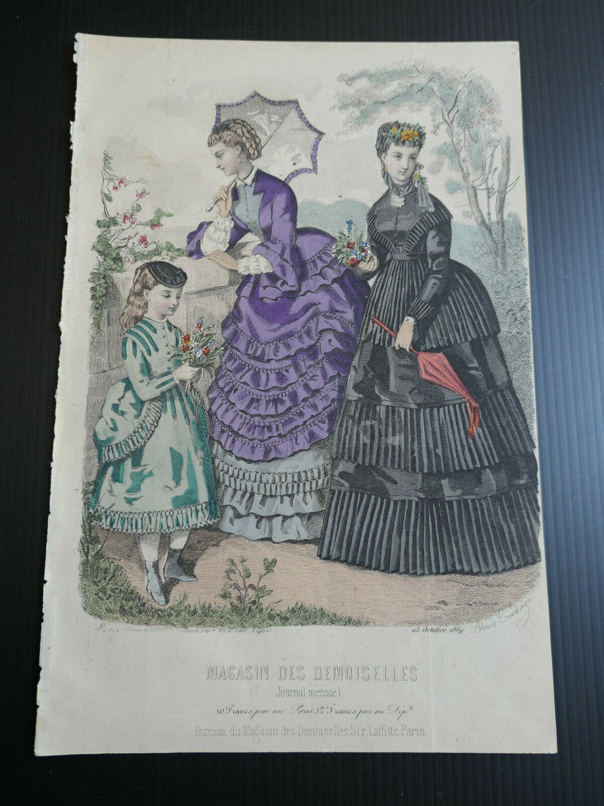 1869 MAGASIN DES DEMOISELLES FRENCH MODE ENGRAVING HAND COLOURED