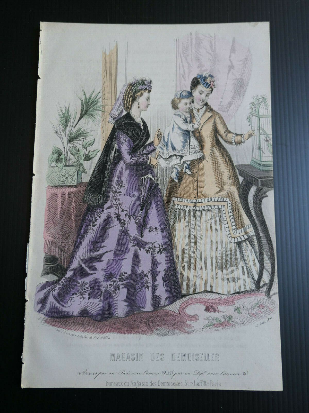1870 MAGASIN DES DEMOISELLES FRENCH MODE ENGRAVING HAND COLOURED