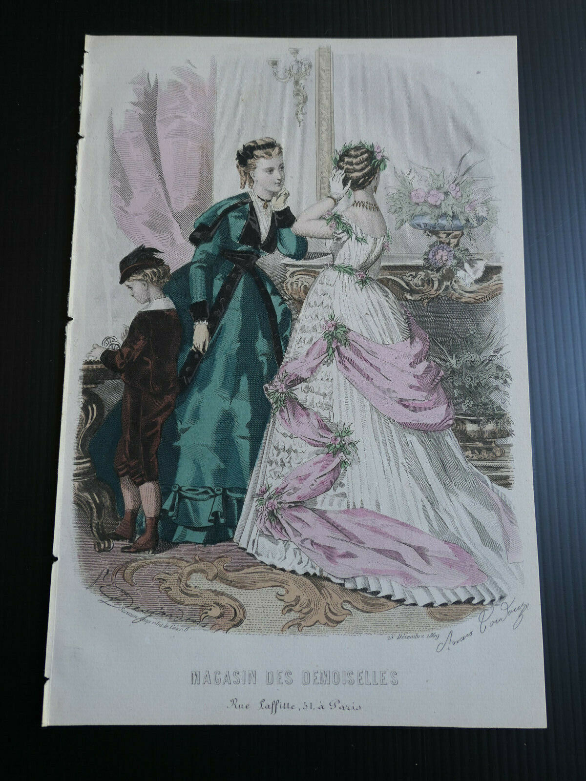 MAGASIN DES DEMOISELLES 1869 FRENCH MODE / ENGRAVING HAND COLOURED
