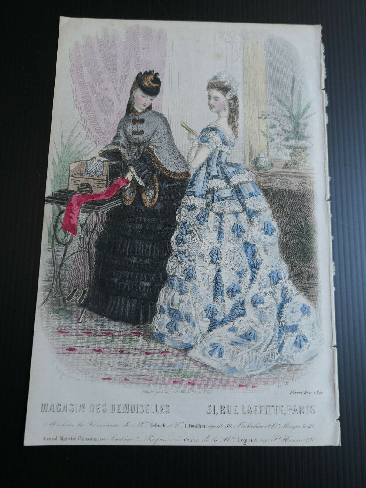 MAGASIN DES DEMOISELLES FRENCH MODE ENGRAVING 1871 HAND COLOURED