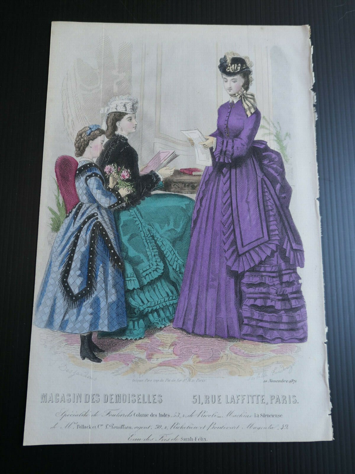 MAGASIN DES DEMOISELLES 1871 MODE ENGRAVING HAND COLOURED