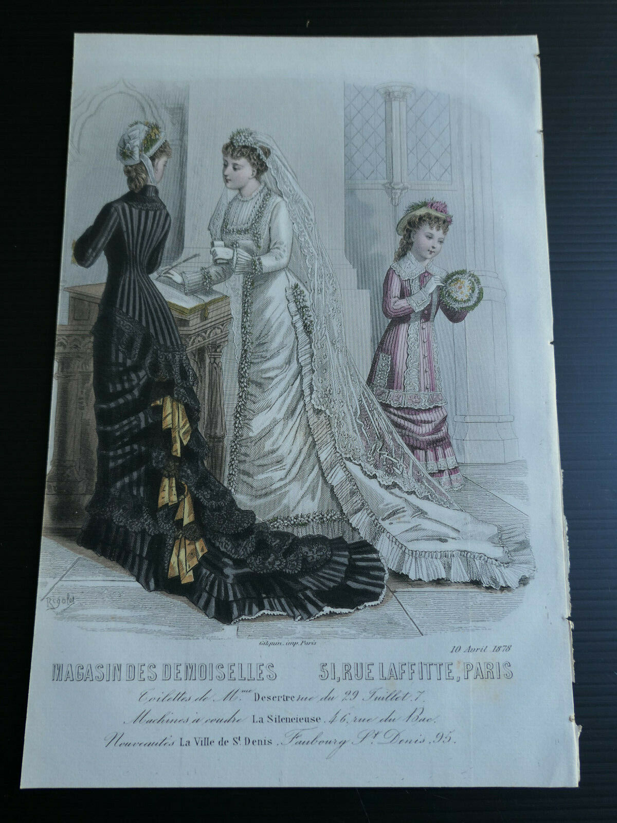 1878 MAGASIN DES DEMOISELLES FRENCH MODE ENGRAVING HAND COLOURED