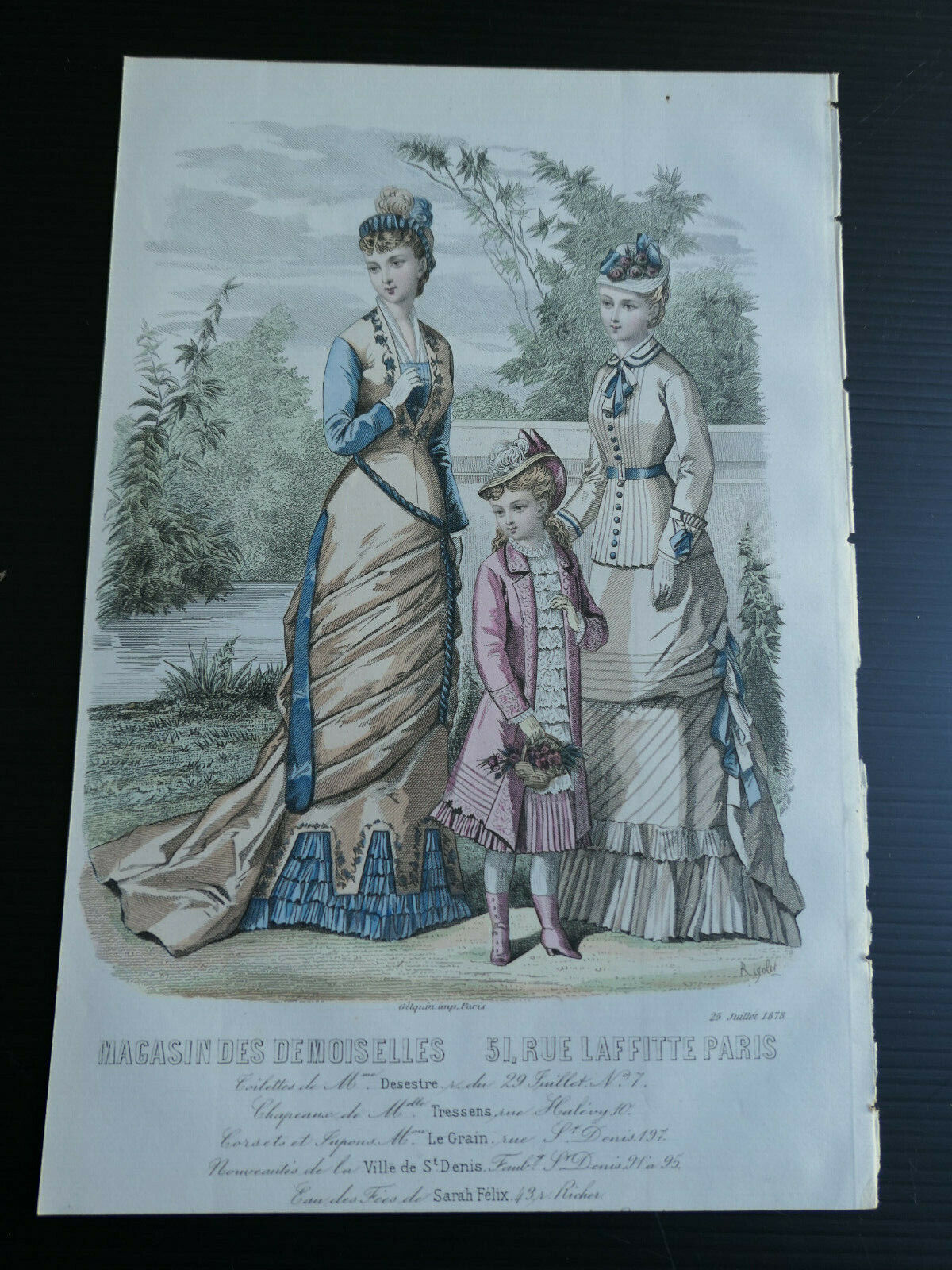 MAGASIN DES DEMOISELLES 1878 FRENCH MODE ENGRAVING HAND COLOURED