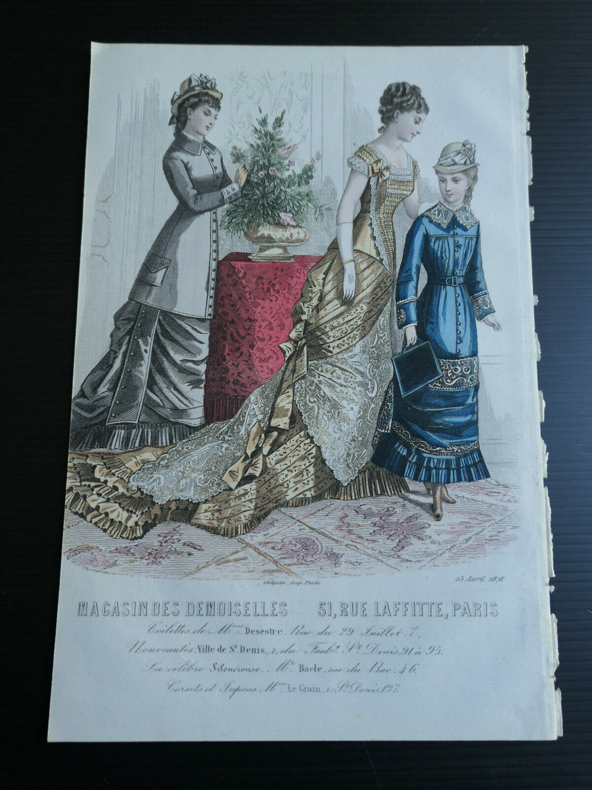 MAGASIN DES DEMOISELLES MODE ENGRAVING 1878 FRENCH HAND COLOURED