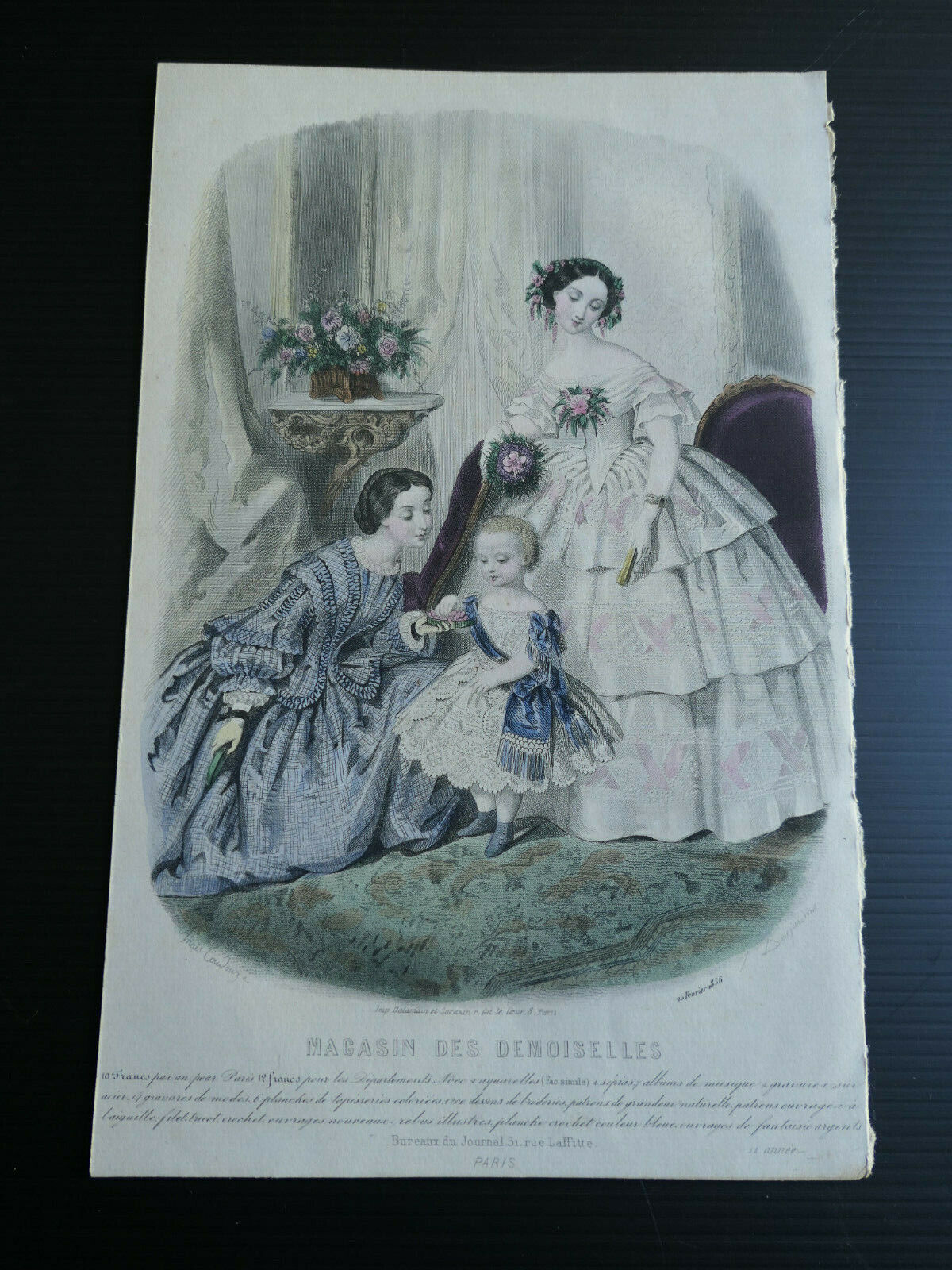 MAGASIN DES DEMOISELLES 1856 FRENCH MODE ENGRAVING HAND COLOURED