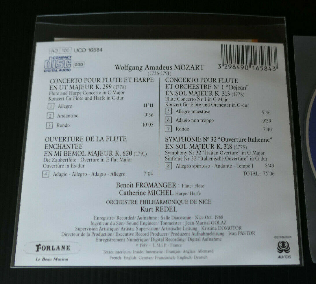 CD MOZART / BENOIT FROMANGER / CATHERINE MICHEL / FLUTE HARPE / FORLANE 1989