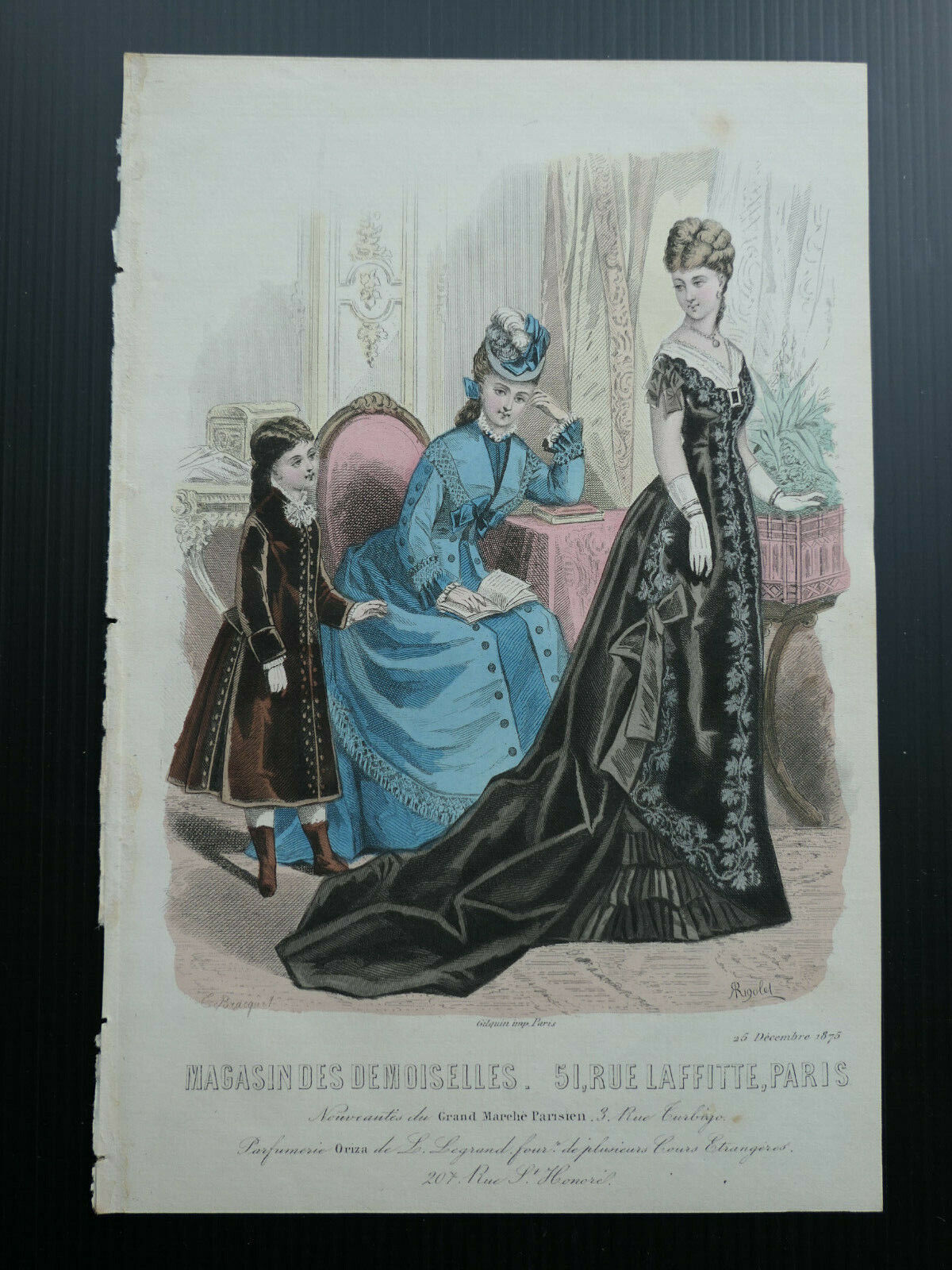 MAGASIN DES DEMOISELLES 1875 FRENCH MODE ENGRAVING HAND COLOURED