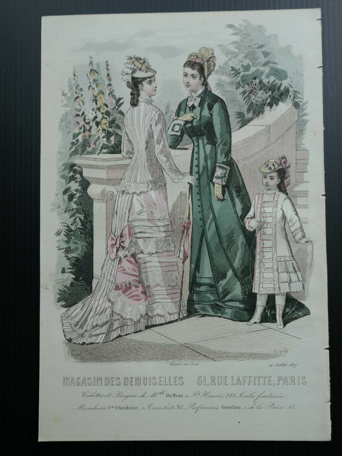 MAGASIN DES DEMOISELLES FRENCH MODE 1877 ENGRAVING HAND COLOURED