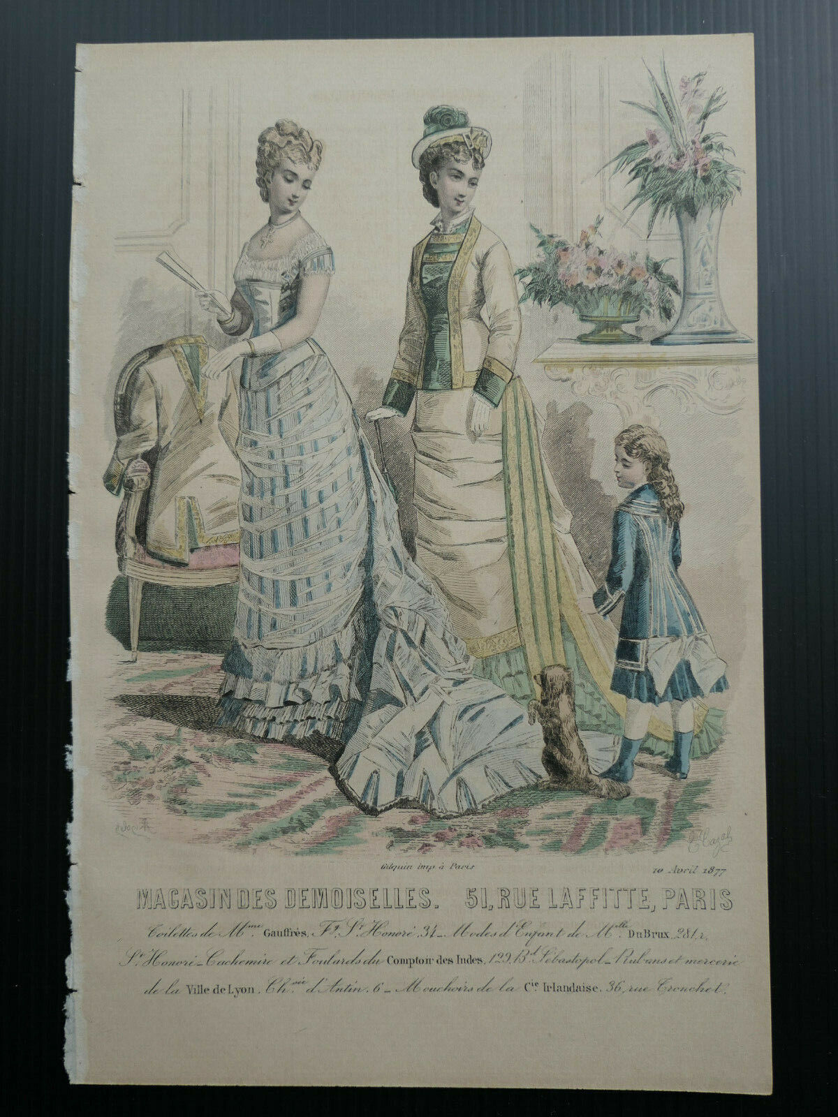 1877 MAGASIN DES DEMOISELLES MODE ENGRAVING HAND COLOURED