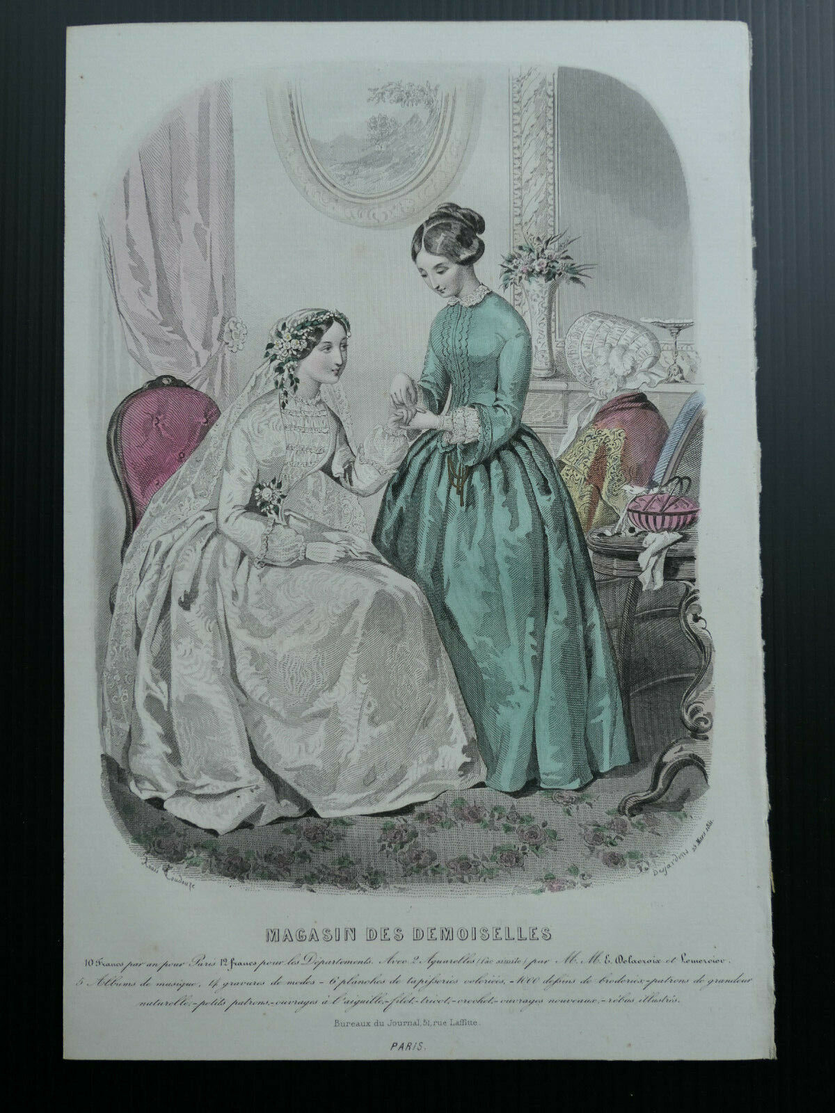 MAGASIN DES DEMOISELLES 1851 MODE ENGRAVING HAND COLOURED