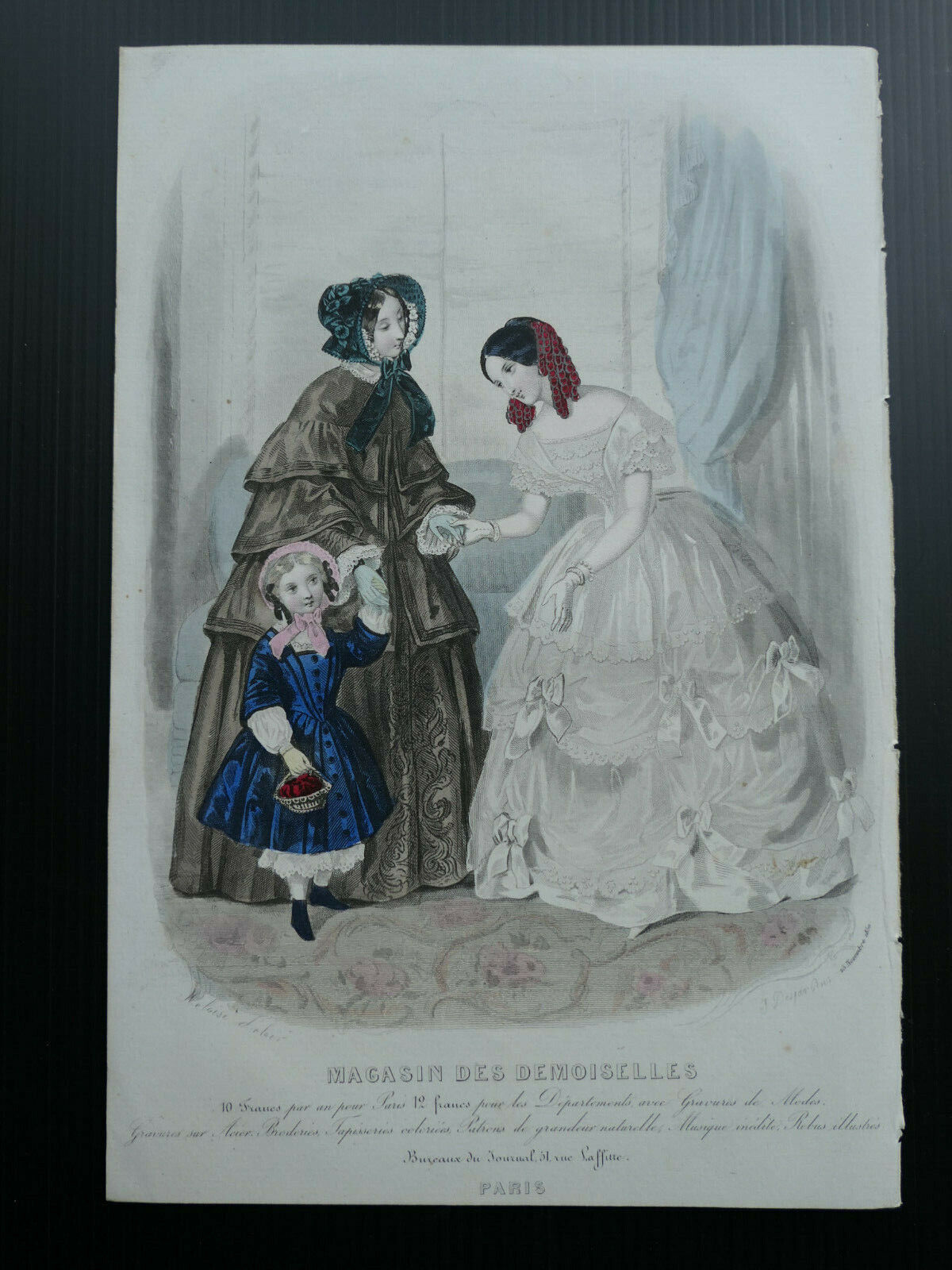MAGASIN DES DEMOISELLES FRENCH MODE ENGRAVING HAND COLOURED 1850