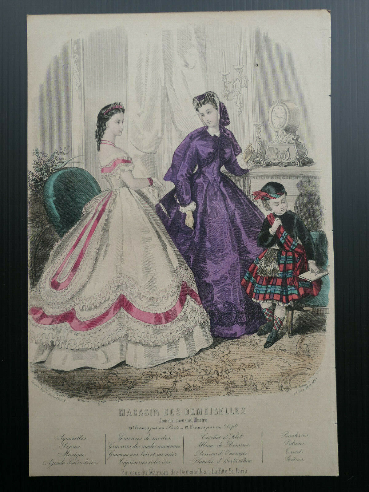 MAGASIN DES DEMOISELLES 1863 FRENCH MODE ENGRAVING HAND COLOURED