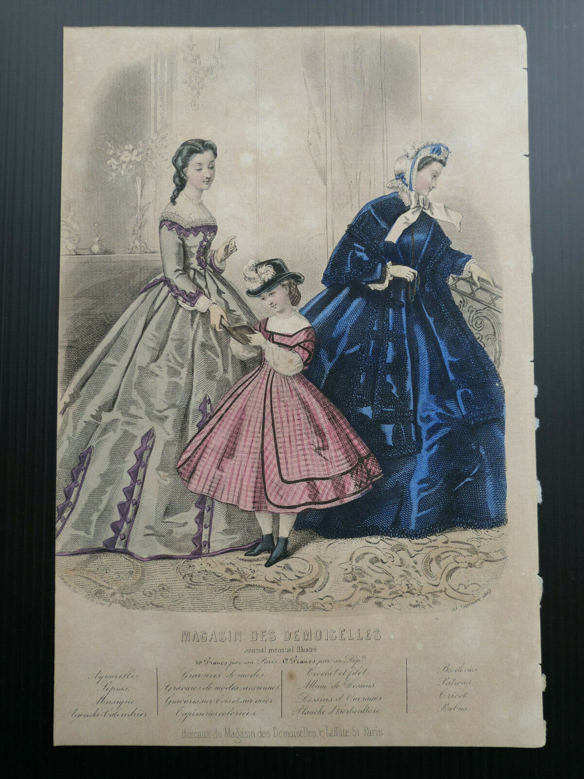 MAGASIN DES DEMOISELLES 1863 / FRENCH MODE ENGRAVING HAND COLOURED