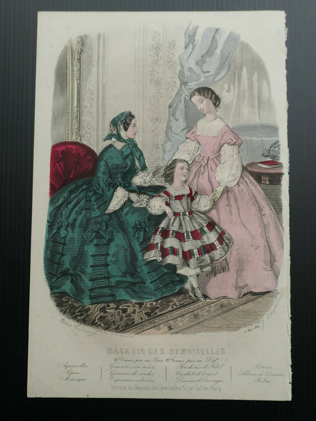 MAGASIN DES DEMOISELLES 1859 / FRENCH MODE ENGRAVING HAND COLOURED