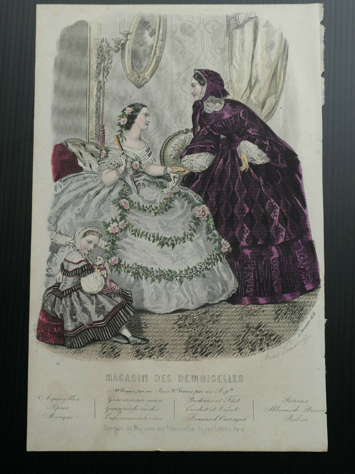 MAGASIN DES DEMOISELLES 1858 FRENCH MODE ENGRAVING HAND COLOURED