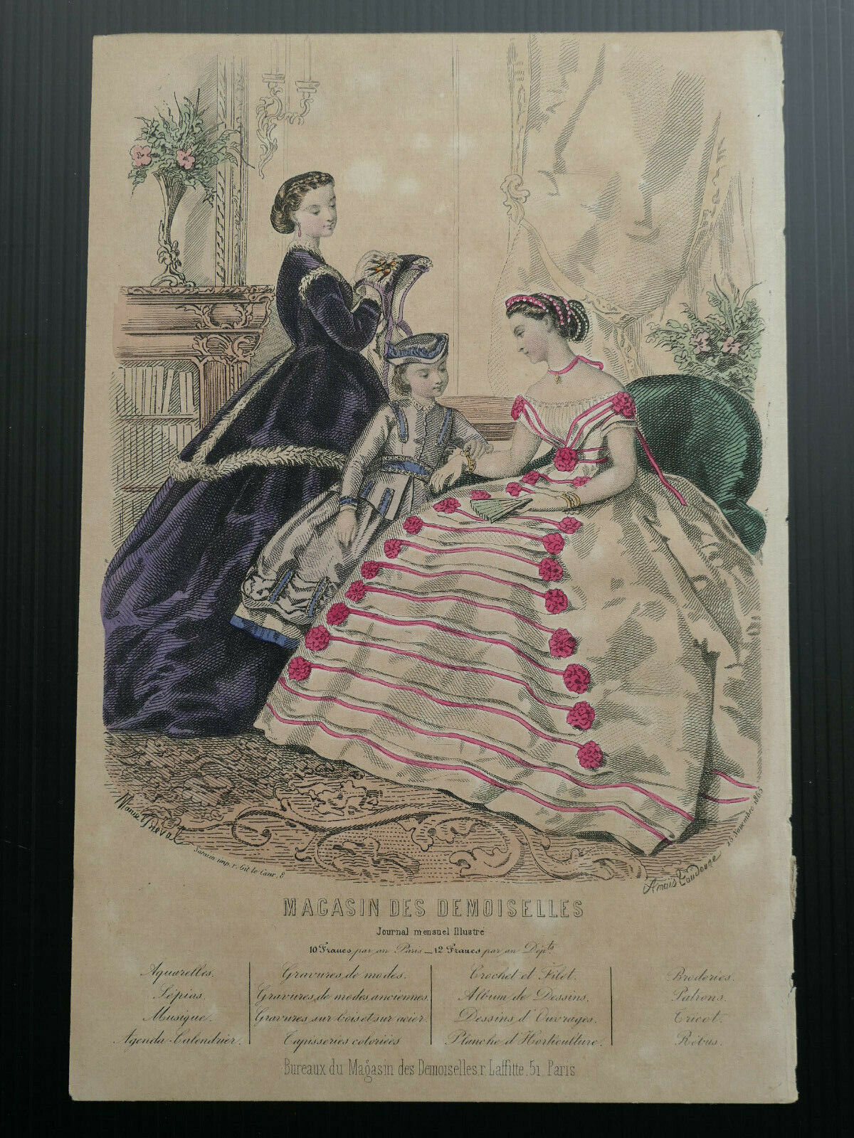 MAGASIN DES DEMOISELLES 1865 FRENCH MODE ENGRAVING HAND COLOURED