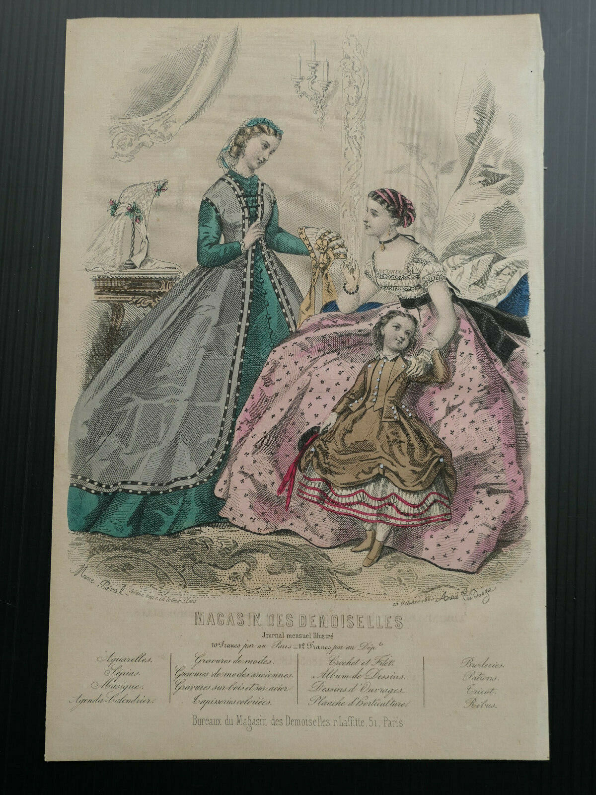 MAGASIN DES DEMOISELLES 1865 MODE ENGRAVING HAND COLOURED