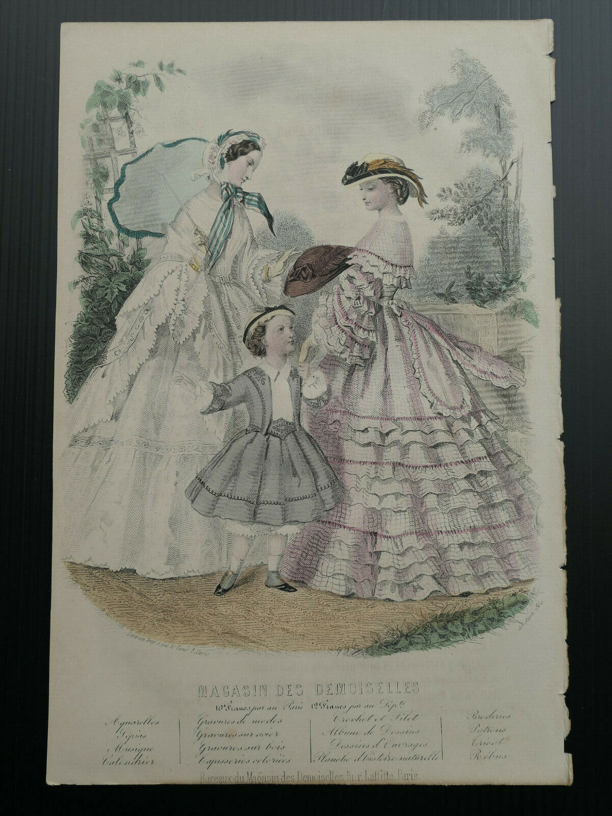 1860 MAGASIN DES DEMOISELLES FRENCH MODE ENGRAVING HAND COLOURED