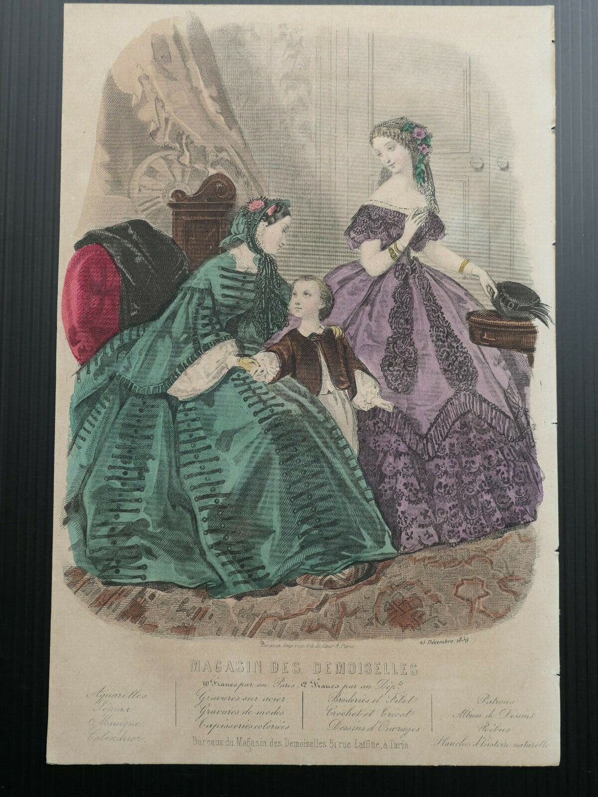 MAGASIN DES DEMOISELLES / 1859 MODE ENGRAVING HAND COLOURED