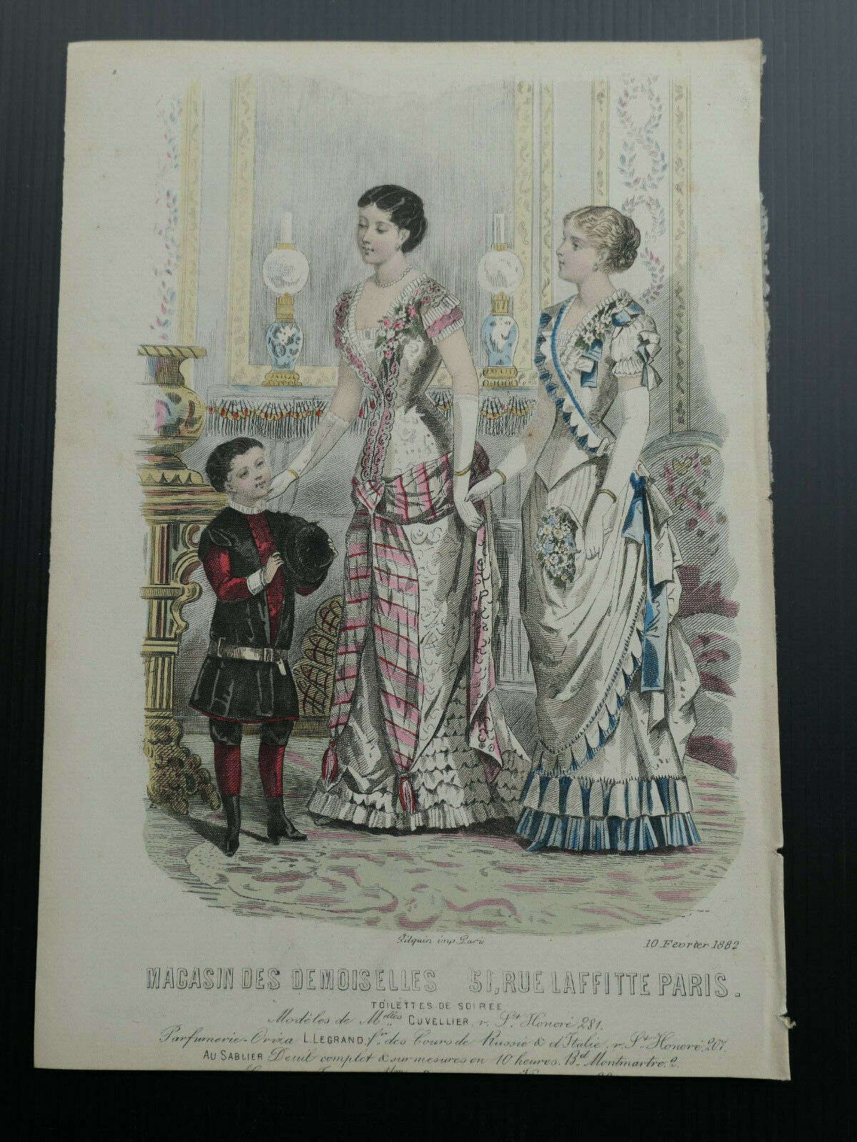 MAGASIN DES DEMOISELLES MODE ENGRAVING 1882 HAND COLOURED