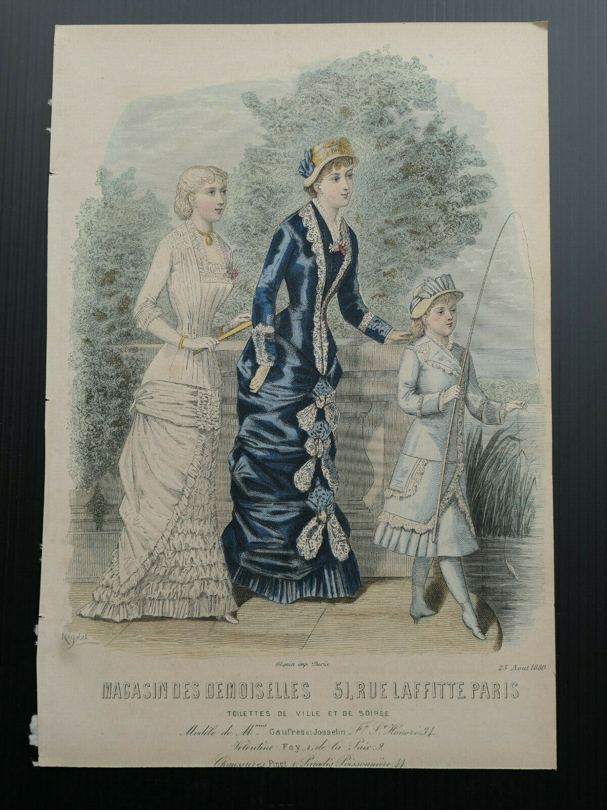 MAGASIN DES DEMOISELLES MODE ENGRAVING 1880 / HAND COLOURED