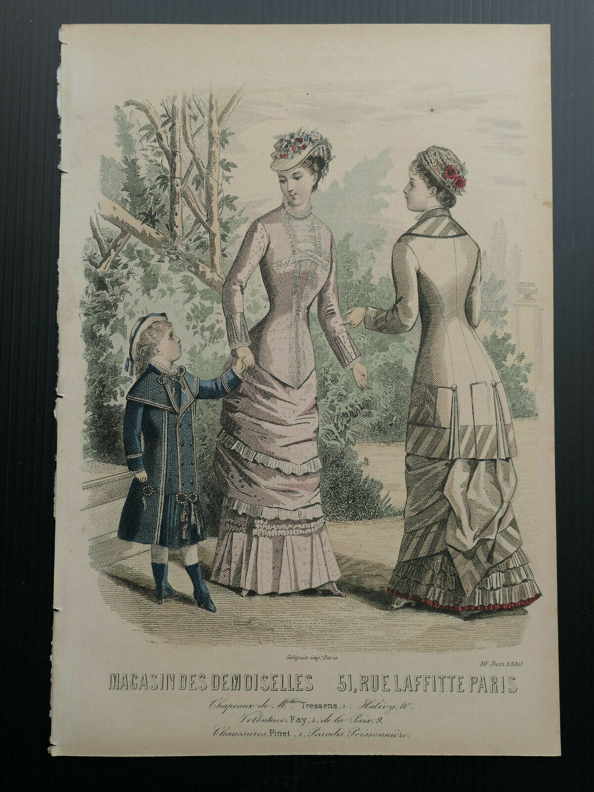 MAGASIN DES DEMOISELLES 1880 FRENCH MODE ENGRAVING HAND COLOURED