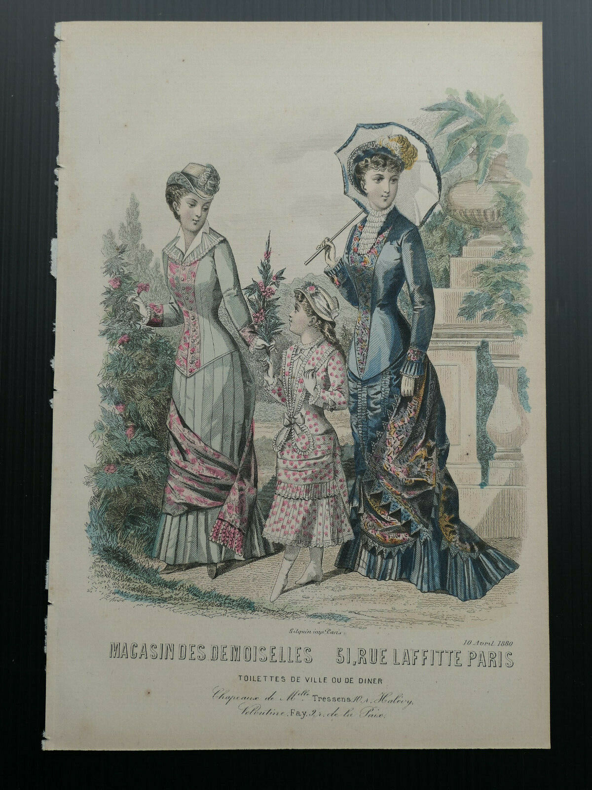 MAGASIN DES DEMOISELLES FRENCH MODE ENGRAVING HAND COLOURED 1880