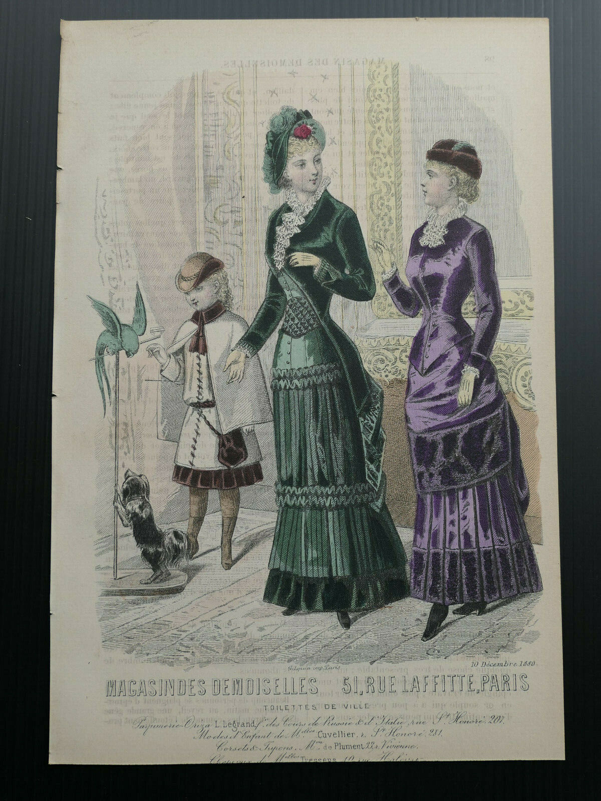 MAGASIN DES DEMOISELLES FRANCE MODE ENGRAVING 1880 HAND COLOURED