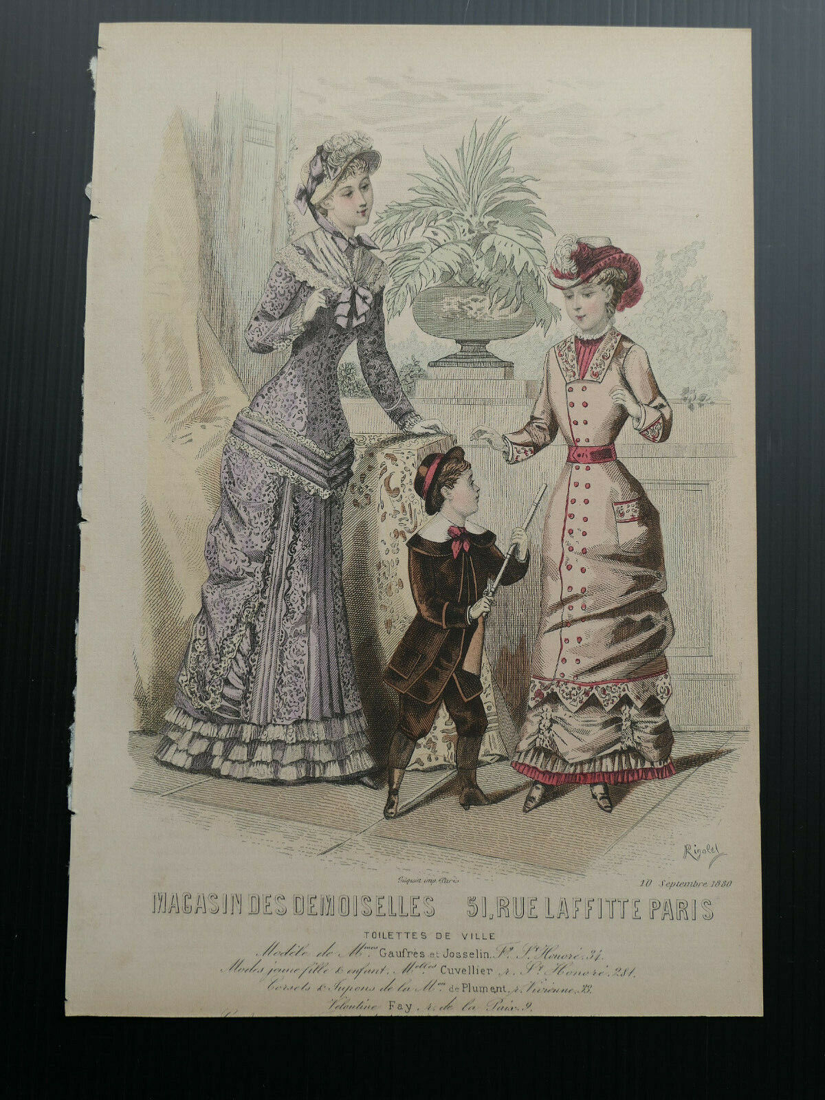 MAGASIN DES DEMOISELLES / FRENCH MODE ENGRAVING / 1880 HAND COLOURED