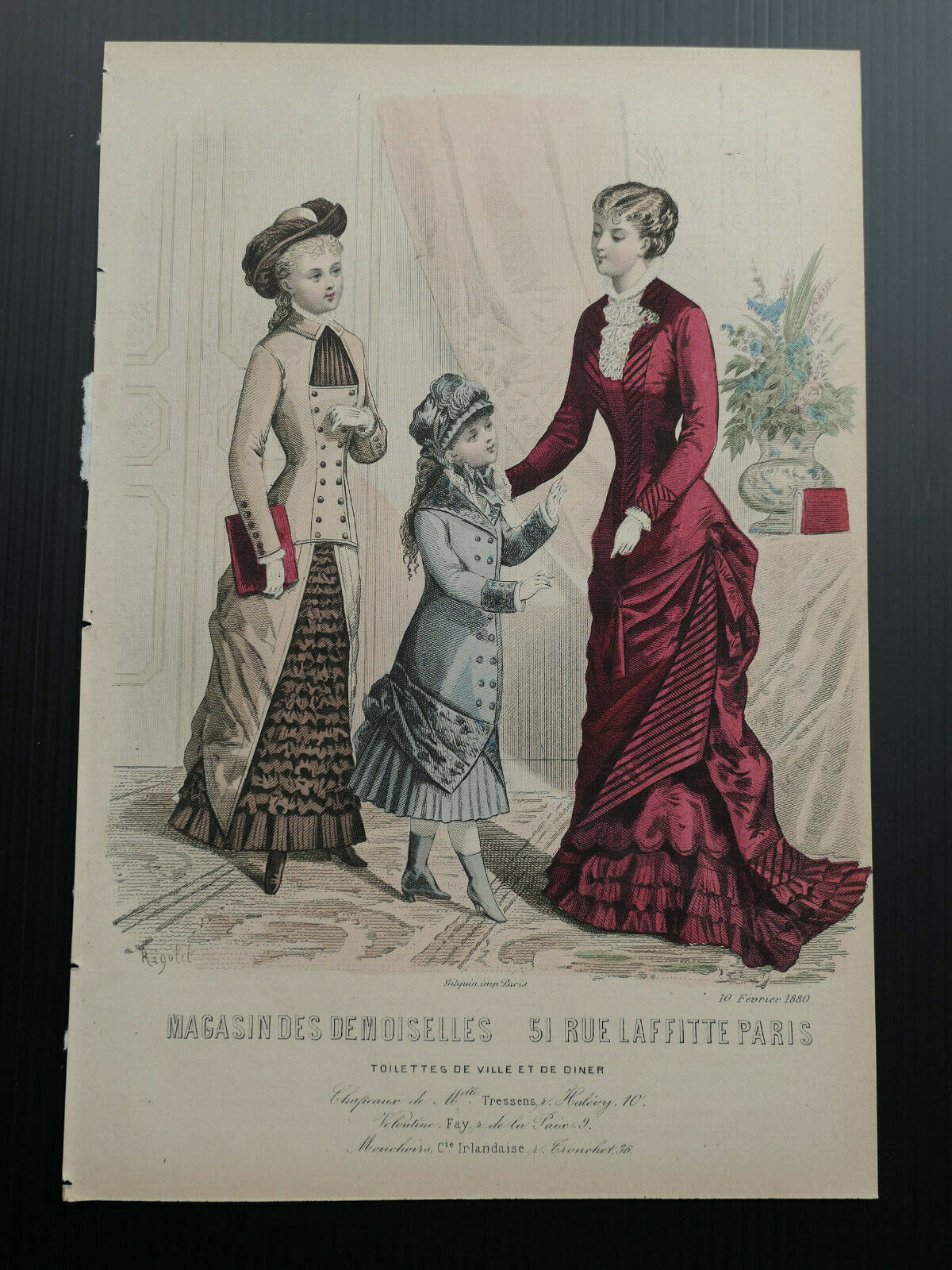 MAGASIN DES DEMOISELLES FRENCH MODE ENGRAVING HAND COLOURED / 1880