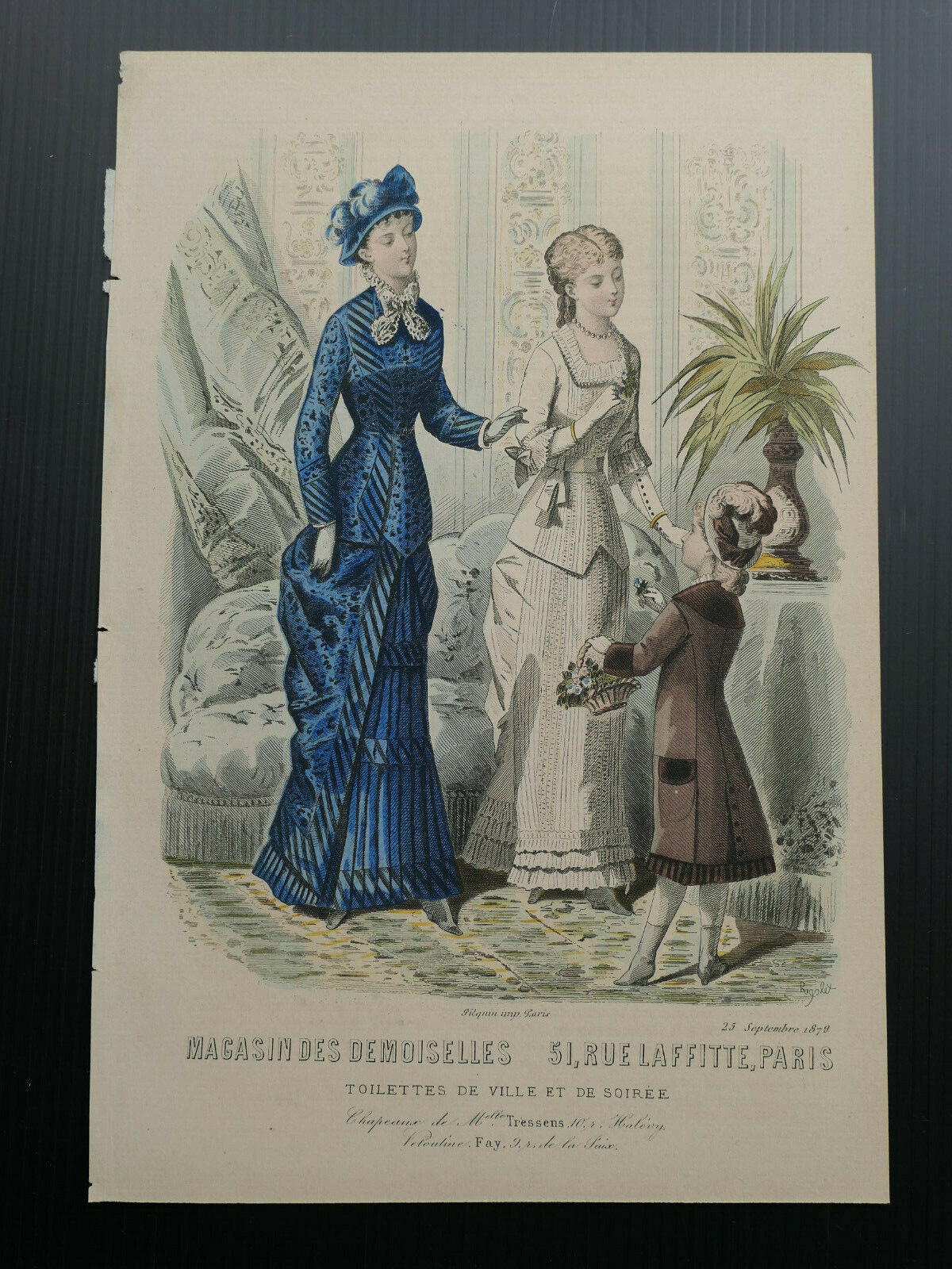 MAGASIN DES DEMOISELLES 1879 / FRENCH MODE ENGRAVING HAND COLOURED