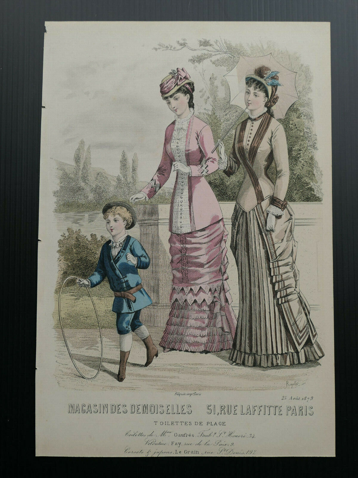 MAGASIN DES DEMOISELLES / 1879 FRENCH MODE / ENGRAVING HAND COLOURED
