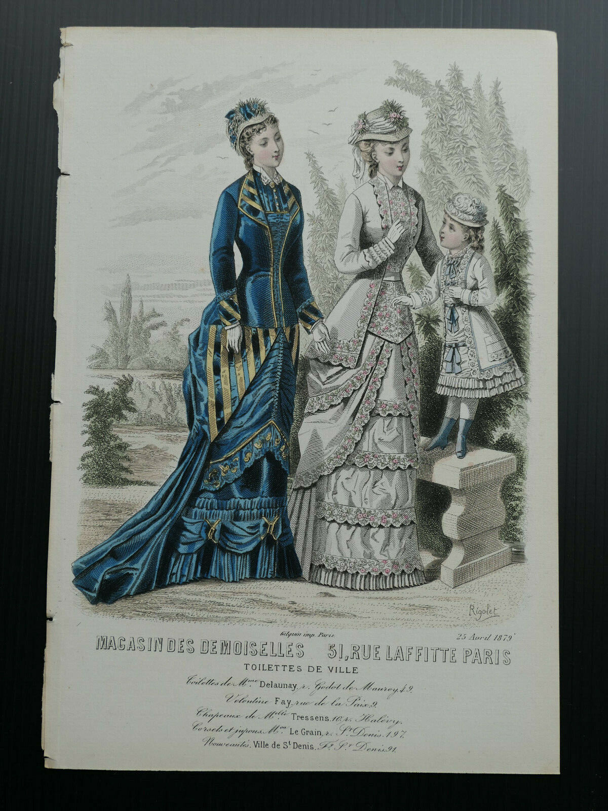MAGASIN DES DEMOISELLES 1879 MODE ENGRAVING HAND COLOURED