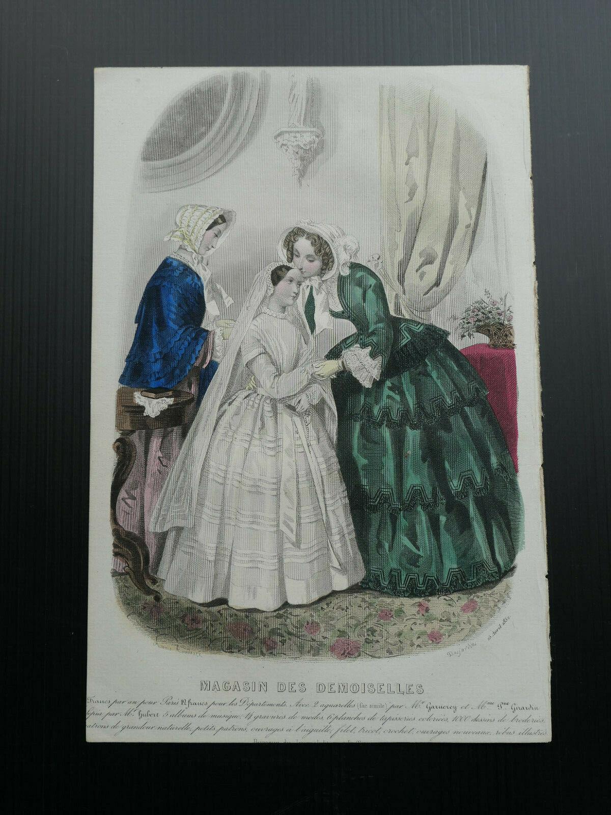 MAGASIN DES DEMOISELLES 1852 FRENCH MODE ENGRAVING HAND COLOURED
