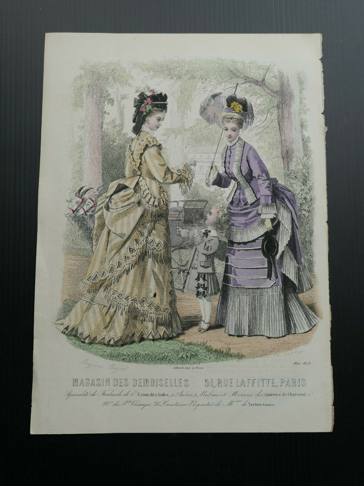 MAGASIN DES DEMOISELLES 1873 FRENCH MODE ENGRAVING HAND COLOURED
