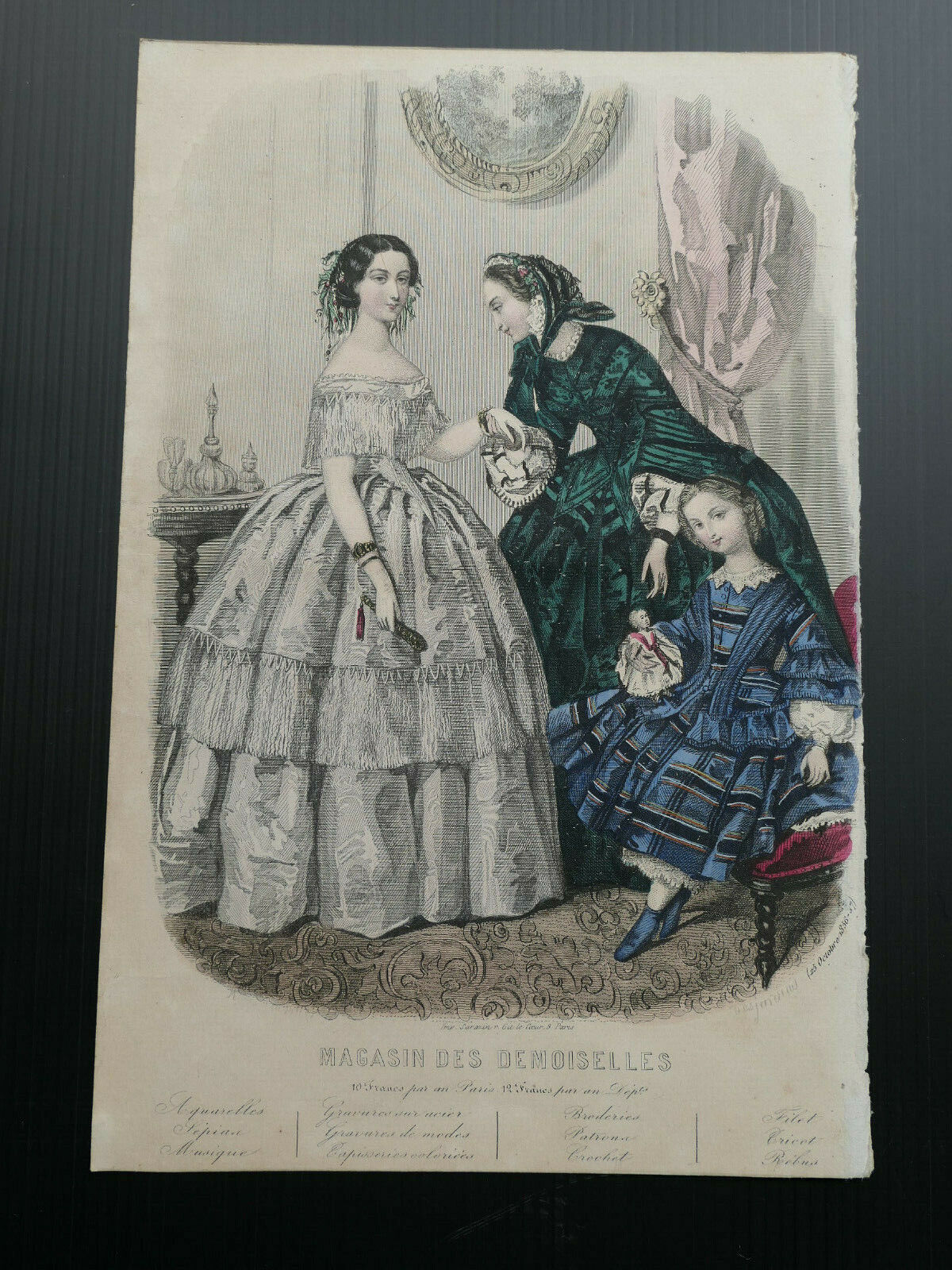 MAGASIN DES DEMOISELLES 1856-57 FRENCH MODE ENGRAVING HAND COLOURED