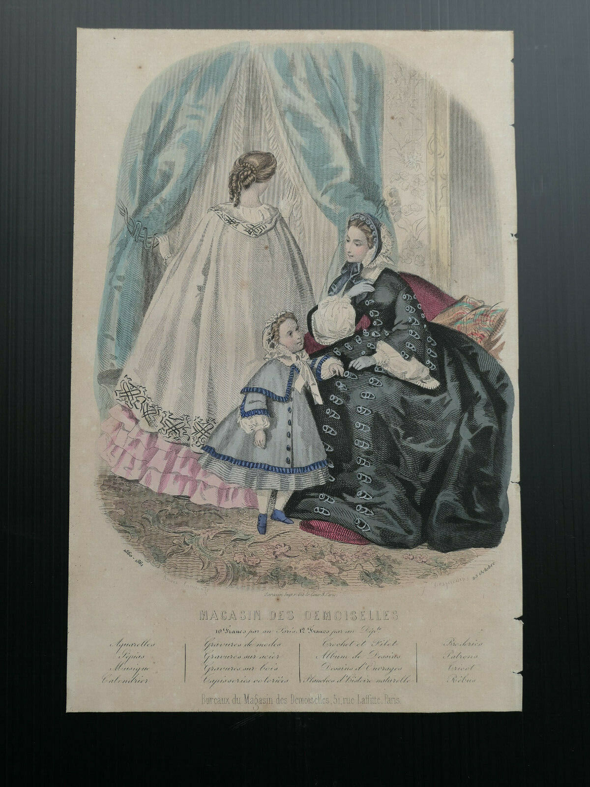 MAGASIN DES DEMOISELLES 1860-1861 FRENCH MODE ENGRAVING HAND COLOURED