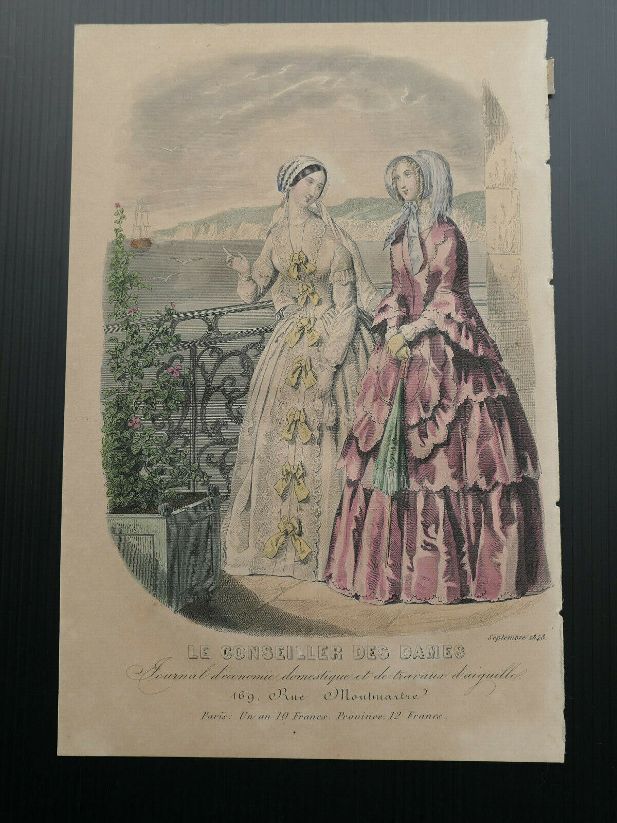 MAGASIN DES DEMOISELLES FRENCH MODE 1848 ENGRAVING HAND COLOURED