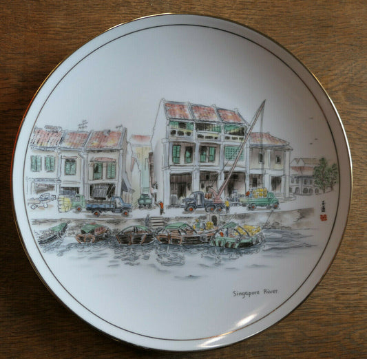 ASSIETTE SINGAPOUR PLATE SINGAPORE RIVER HANDPAINTED GOOD FRIENDS POTTERY ARTS