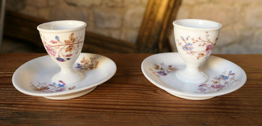 ANCIEN COQUETIER AVEC COUPELLE DECOR FLORAL PEINT A LA MAIN HANDPAINTED EGGCUP