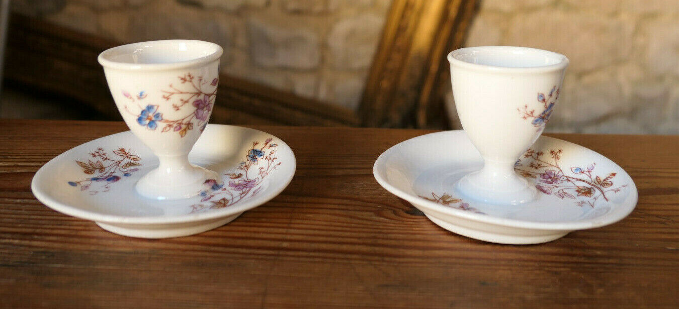 ANCIEN COQUETIER AVEC COUPELLE DECOR FLORAL PEINT A LA MAIN HANDPAINTED EGGCUP